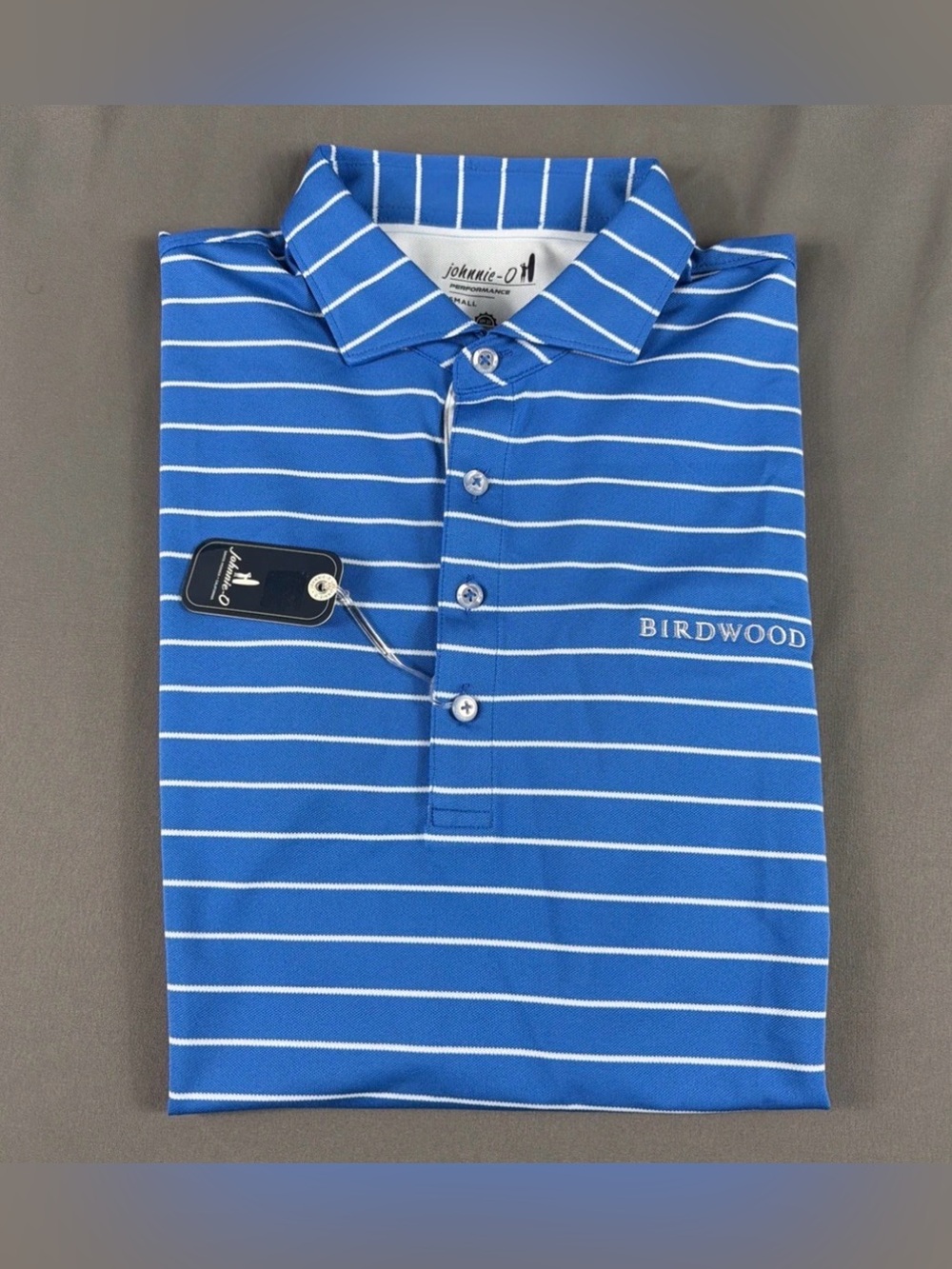 Johnnie-O Golf Shirt Polo Chest Sleeve Logo Striped Small Blue NWT MSRP $98